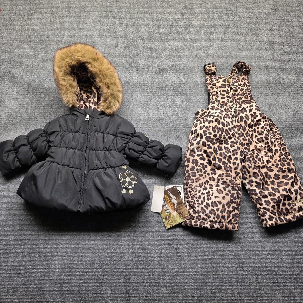 Pacific Trail Baby Girls 6M Black Leopard Snowsuit Set Jacket Bib Pants 2PC